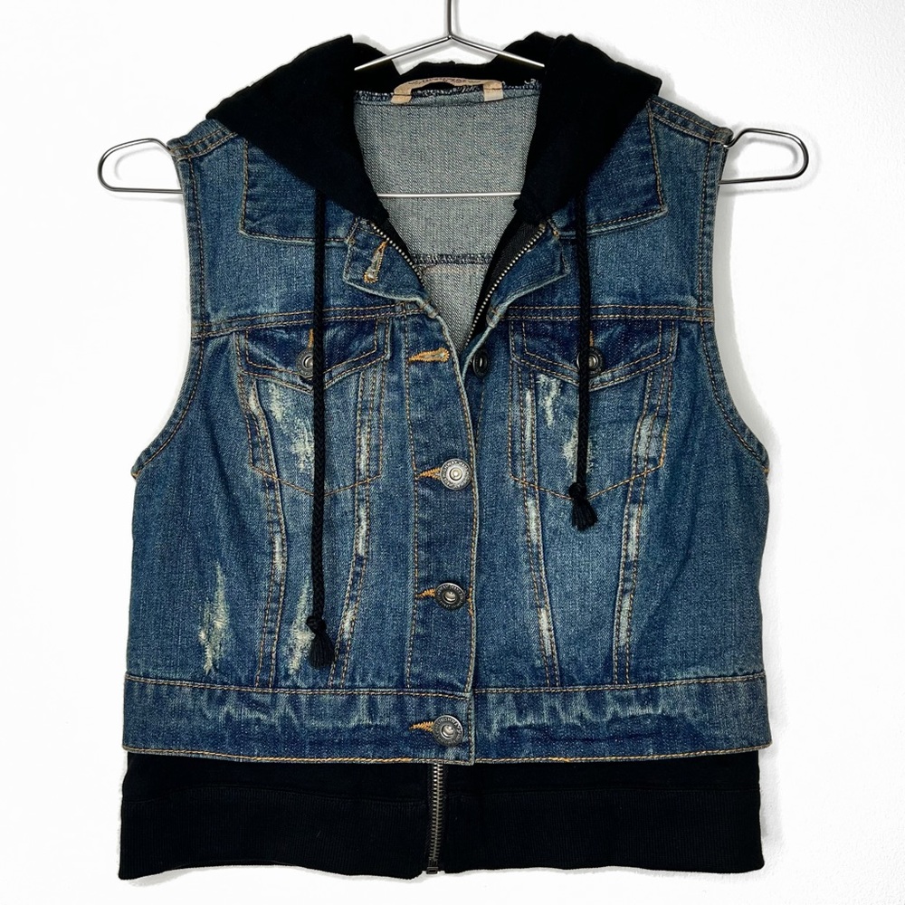 Dark Blue Distressed Denim Black Hooded Button Vest Size M